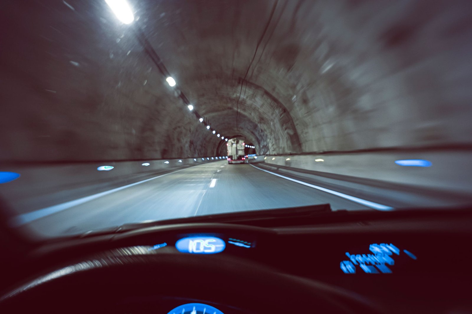 apturing a driver’s point of view moving through a highway tunnel