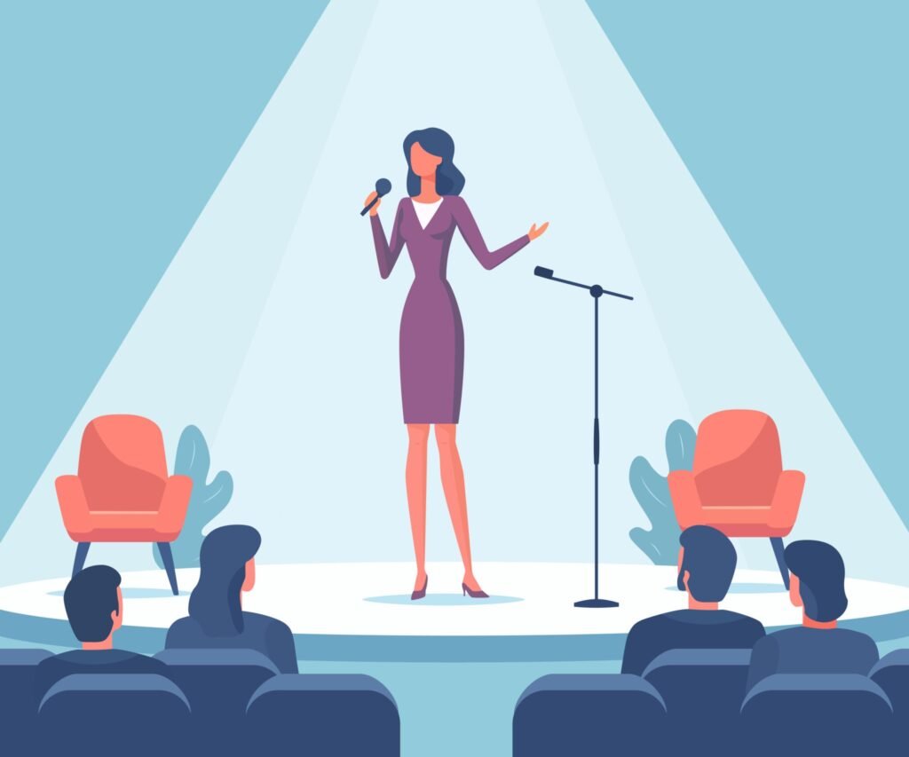 Cartoon of a female public speaking expert