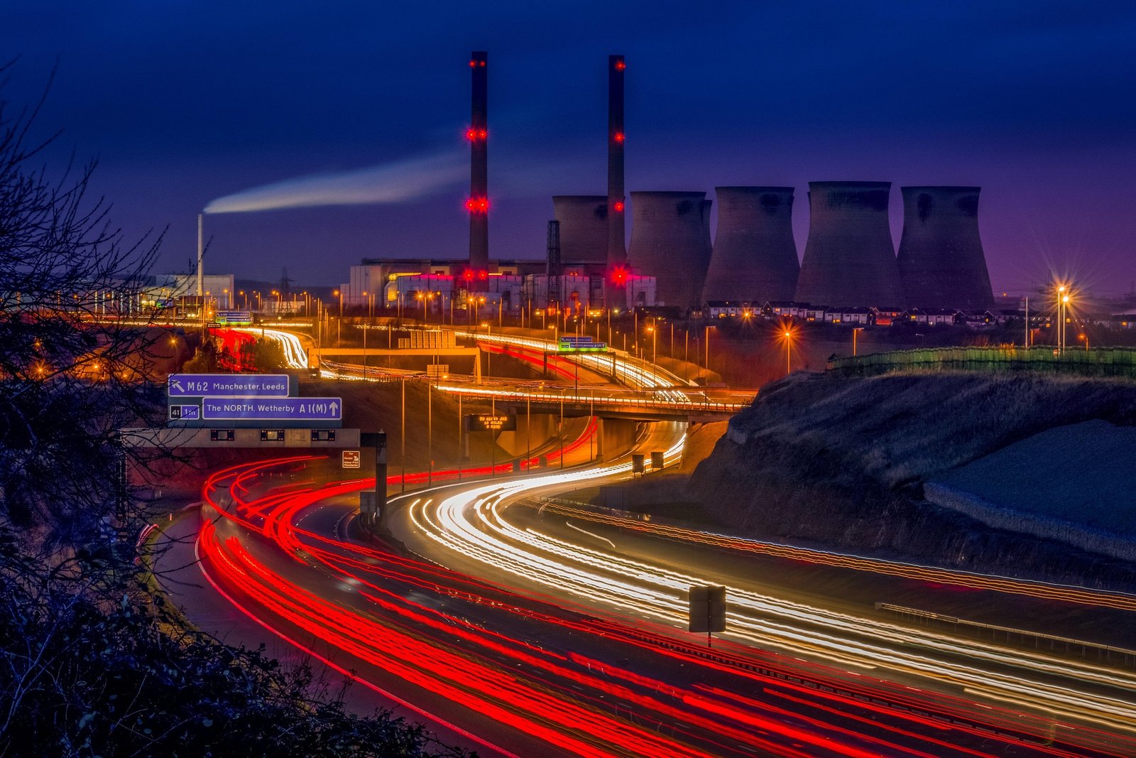 A busy highway at night