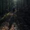 walk away from religious trauma. Girl walking through dark forest toward the Sun.